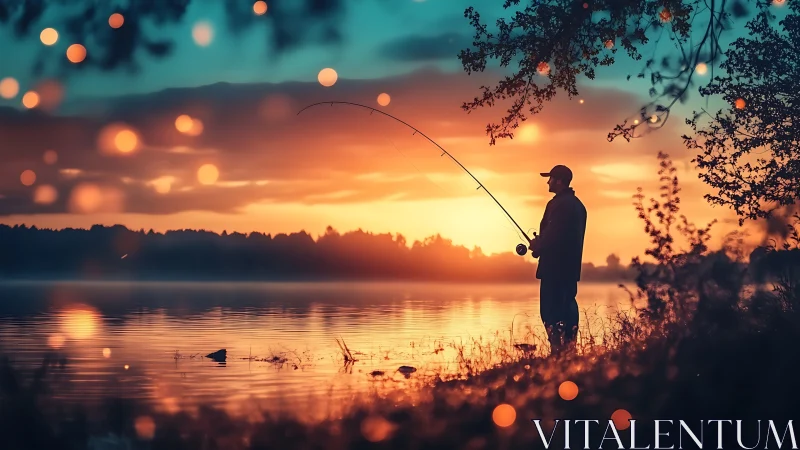 Sunset angler stitches quiet light across a glowing lake