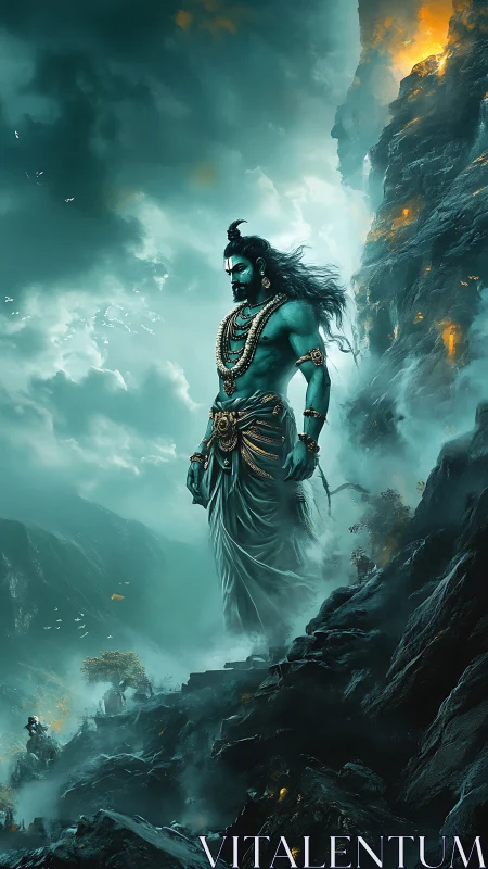 Storm-kissed sky god strides beside a burning mountain cliff