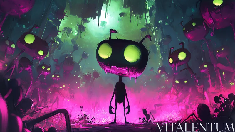 Neon-eyed alien brood rising in a dripping cosmic gloom.