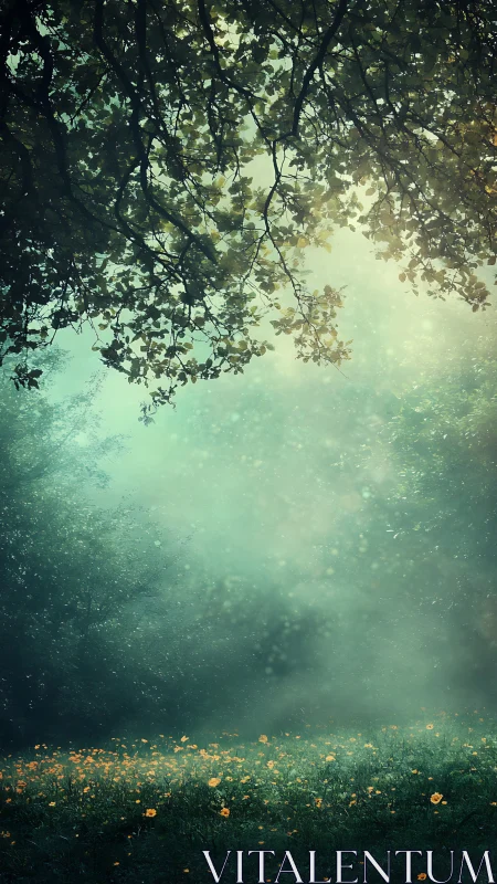 Ethereal Forest Glade with Golden Blooms.