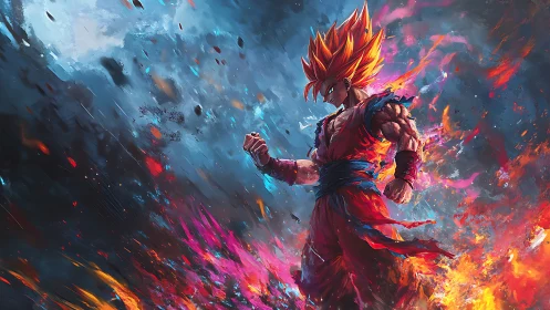 Fiery anime warrior amid explosive cosmic energy storm.