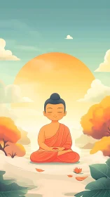 Serene monk meditation under stylized sunrise digital illustration.