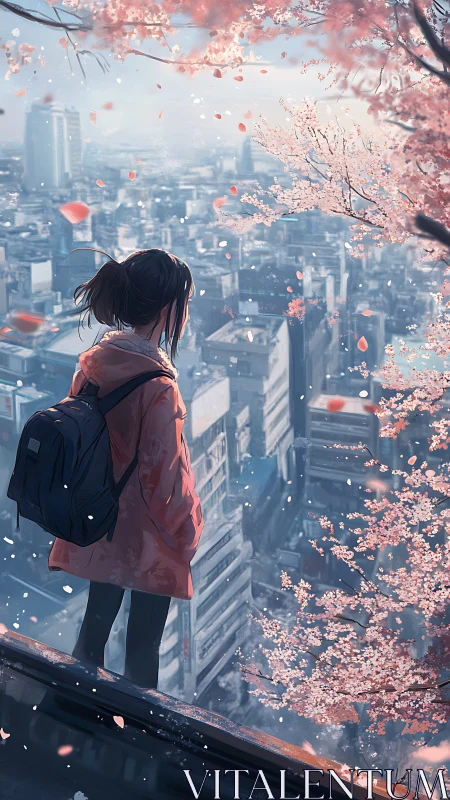 Solitary figure observing high-rise city under cherry petals.