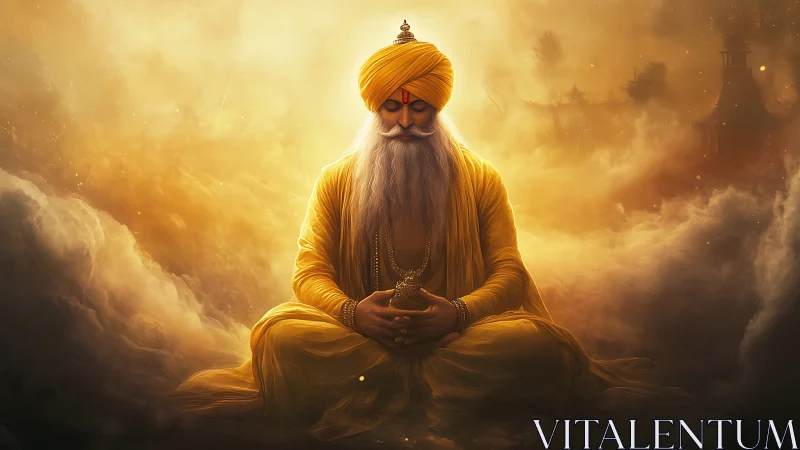 Golden robed sage meditates in glowing celestial clouds