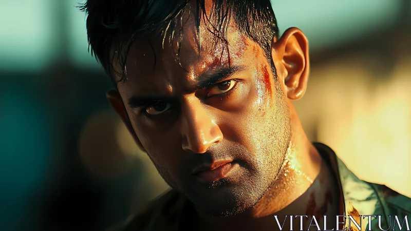 Battle-worn man stares ahead in golden, cinematic light