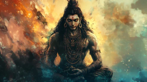 Meditating Shiva sits amid swirling fire and mist