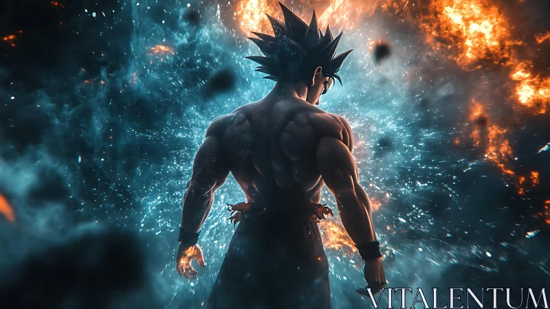 Backlit muscular warrior amid bifurcated plasma explosion.