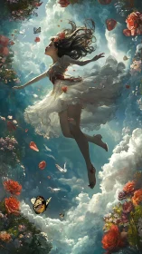 Floating floral muse in ethereal sky tunnel of blossoms
