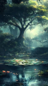 Enchanted forest pond reflects towering mossy tree