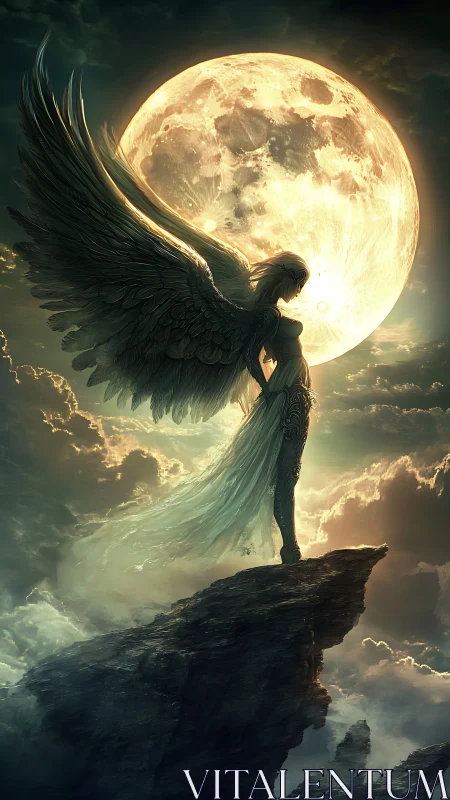 Angel warrior stands before radiant full moon in clouds.