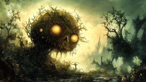 Vine skull colossus haunts radiant toxic swamp dawn.