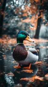 Mallard drake in saturated autumn palette stands in reflective water
