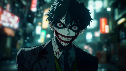 Anime horror portrait with neon urban bokeh background.