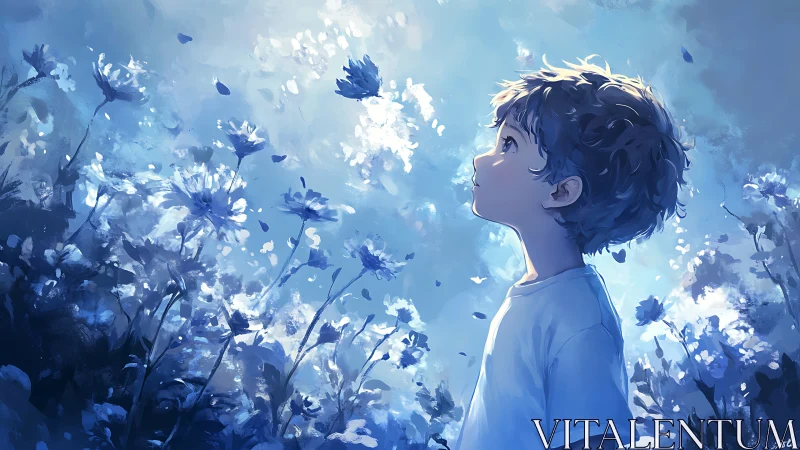 Boy observing blue flowers in softly lit digital field.