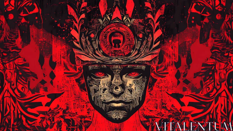 Symmetrical cyber-tribal portrait with red ornamental crown