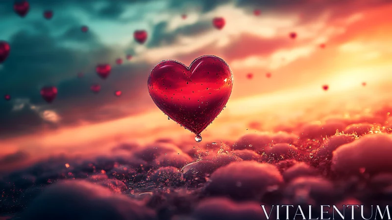 Luminous Red Heart Floats Above Sunset Clouds