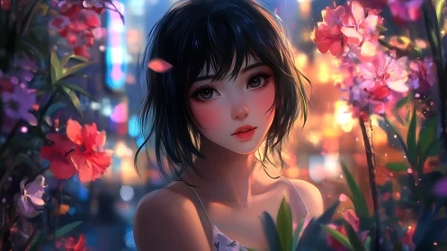 Digital portrait of young woman in neon city garden