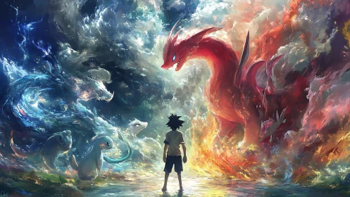 Young trainer stands between swirling fire and water spirits.