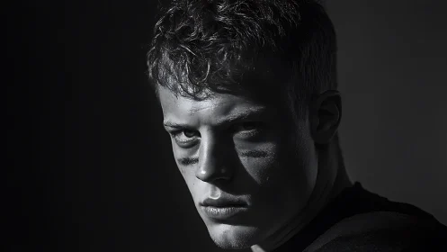 Monochrome low key portrait of intense athlete in profile