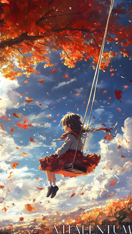 Girl on swing under autumn tree in bright daylight sky.