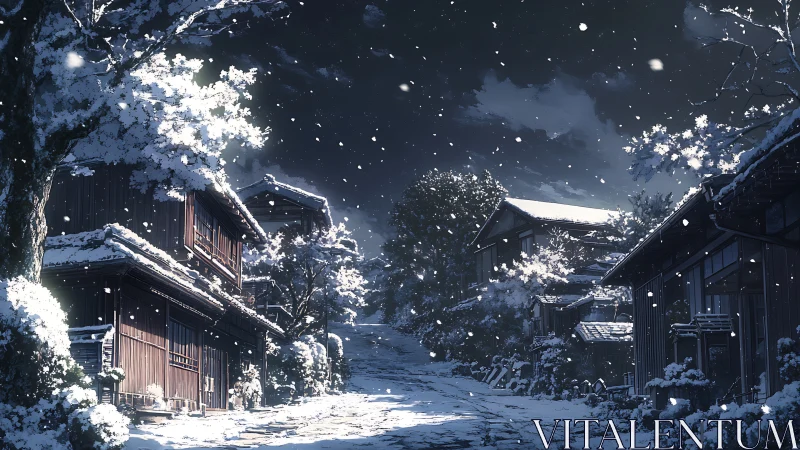 Moonlit village quietly exhales winter along a snowy lane
