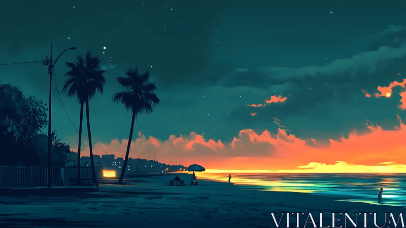 Sunset shoreline glowing under deep teal evening sky.