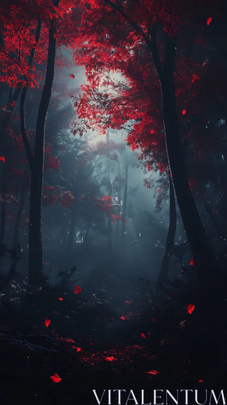 Crimson Canopy: Atmospheric Forest Pathway Through Luminous Foliage.