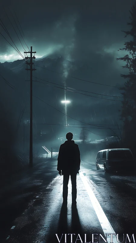 Silhouette on wet road facing distant vertical light beam.