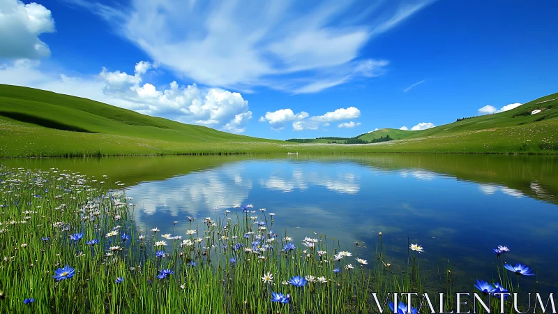 Calm lakeside meadow under vivid blue sky and clouds.