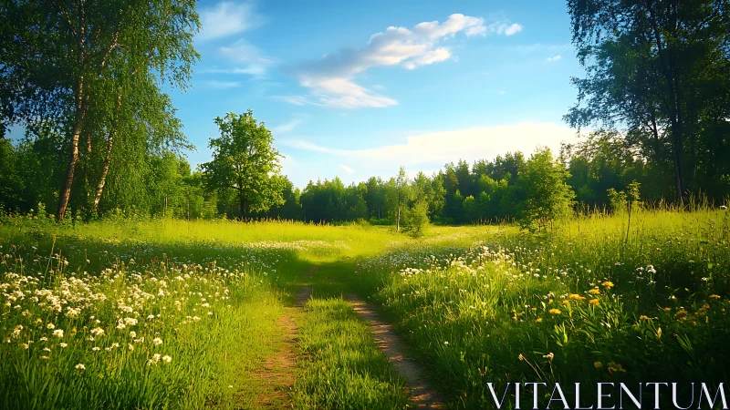 Sunny dirt path through green meadow with wildflowers.