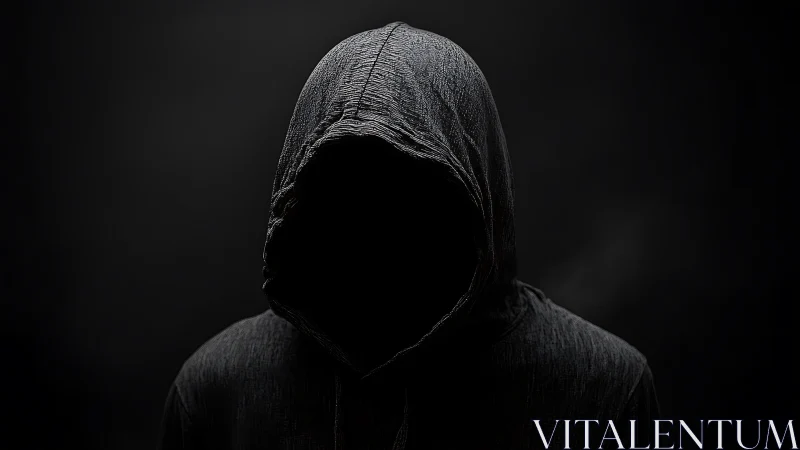 Hooded figure stands centered against low key black background
