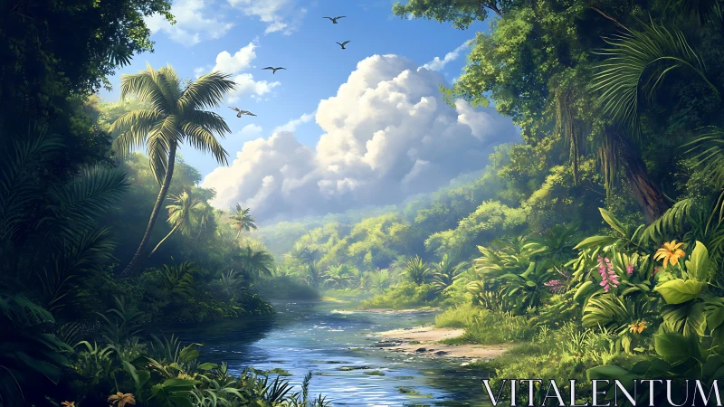 Lush tropical river valley under sculpted cumulus clouds.