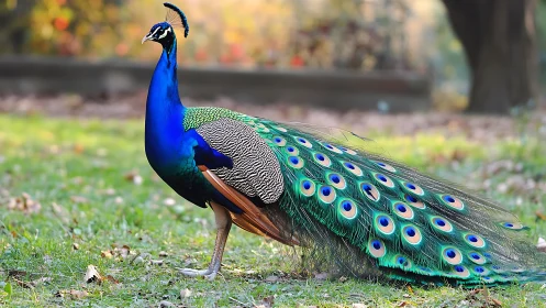 Vibrant peacock in natural setting with lush green plumage display.