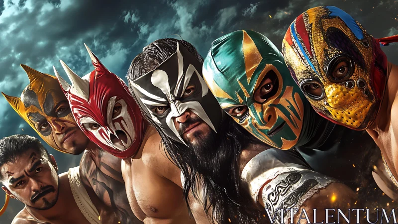 Masked lucha legends glare into stormlit battle horizon.