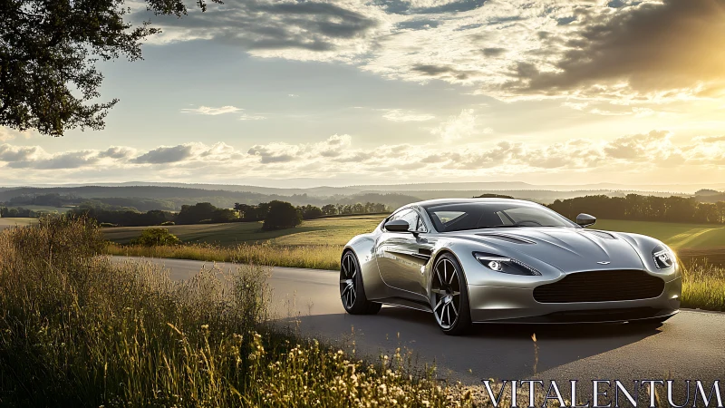 Silver sports car glides through a sunlit country road.