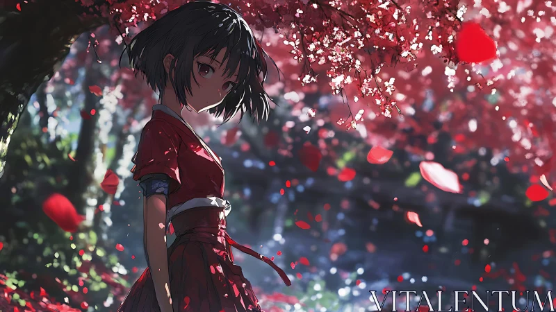 Girl in crimson kimono beneath drifting cherry petals.