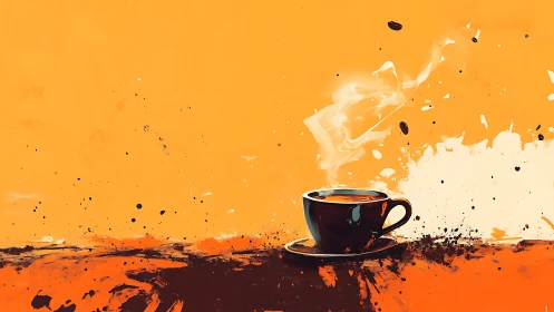 Steaming espresso cup in bold orange abstract splatter art.