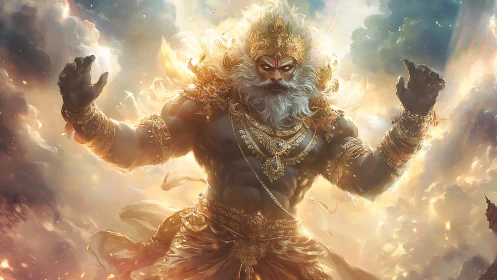 Mythic armored figure stands amid luminous cloud formations