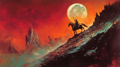 Lone armored rider on burning red slope under full moon.