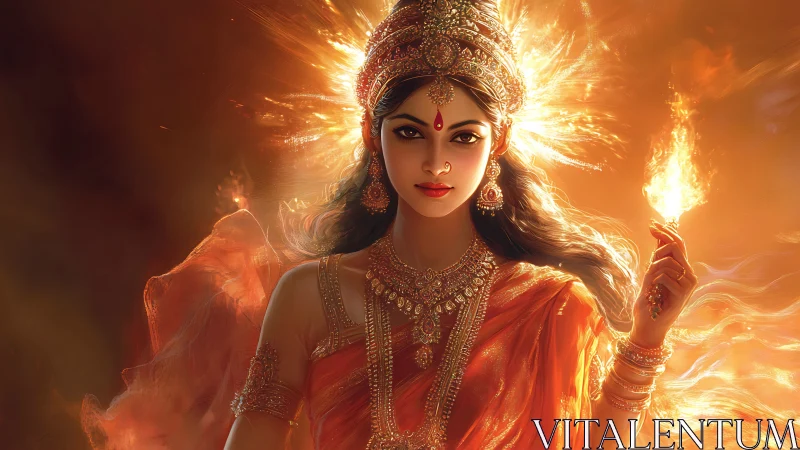 Fiery goddess figure in ornate gold jewelry and orange robes.
