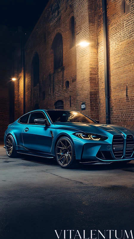 Blue performance coupe parked by illuminated brick wall.