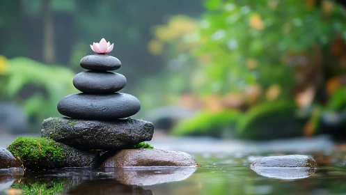 Zen stone stack with pink lotus in calm forest pool.