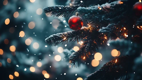 Snowy Christmas branches glow softly with warm holiday lights