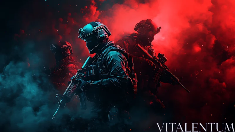 Tactical squad moves through glowing red and blue smoke.