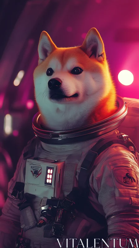 Bold space shiba gazes ahead in glowing neon cockpit