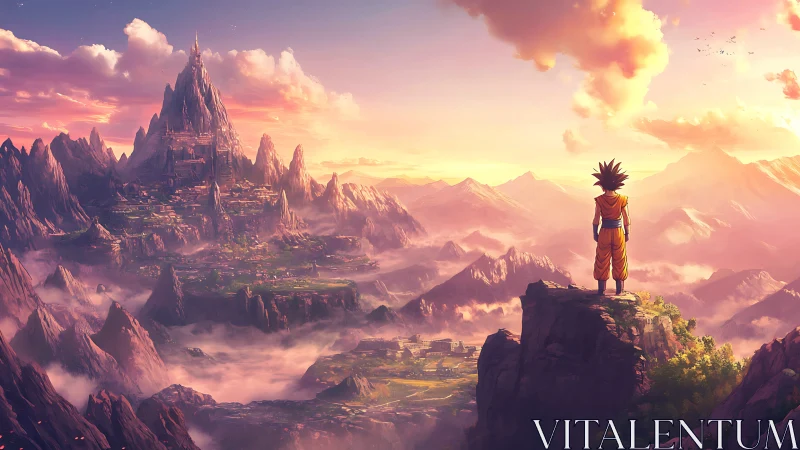 Figure on cliff overlooking expansive mountain city at dawn.