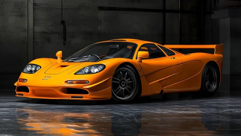 Liquid tangerine thunderstorm crouches in a shadowed hangar