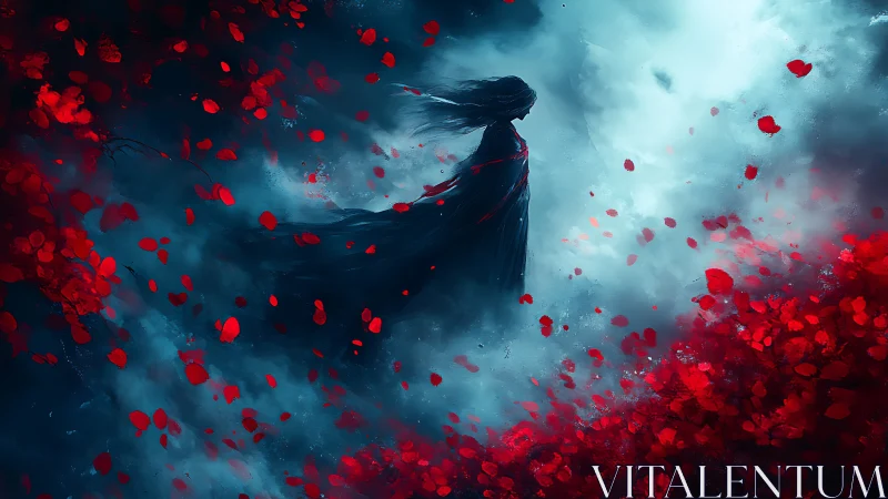 Silhouetted figure in stormlit fog amid turbulent red petals
