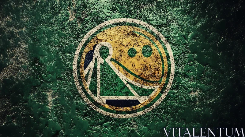 Playful green bowling emblem on textured urban wall.