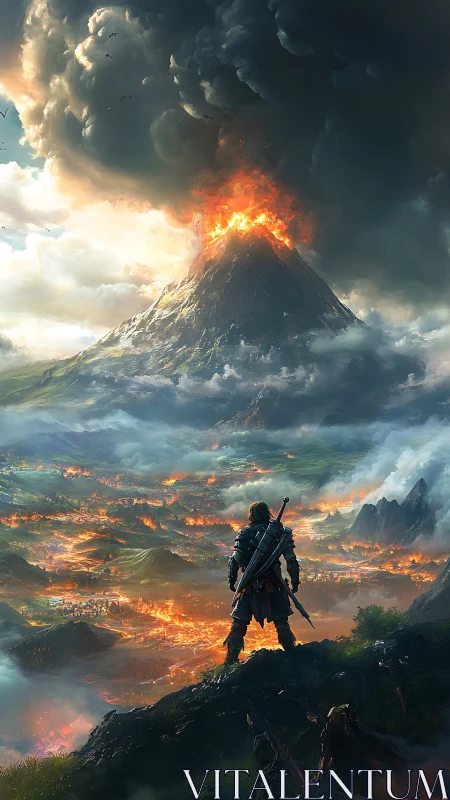 Armored warrior overlooking burning valley and volcano.